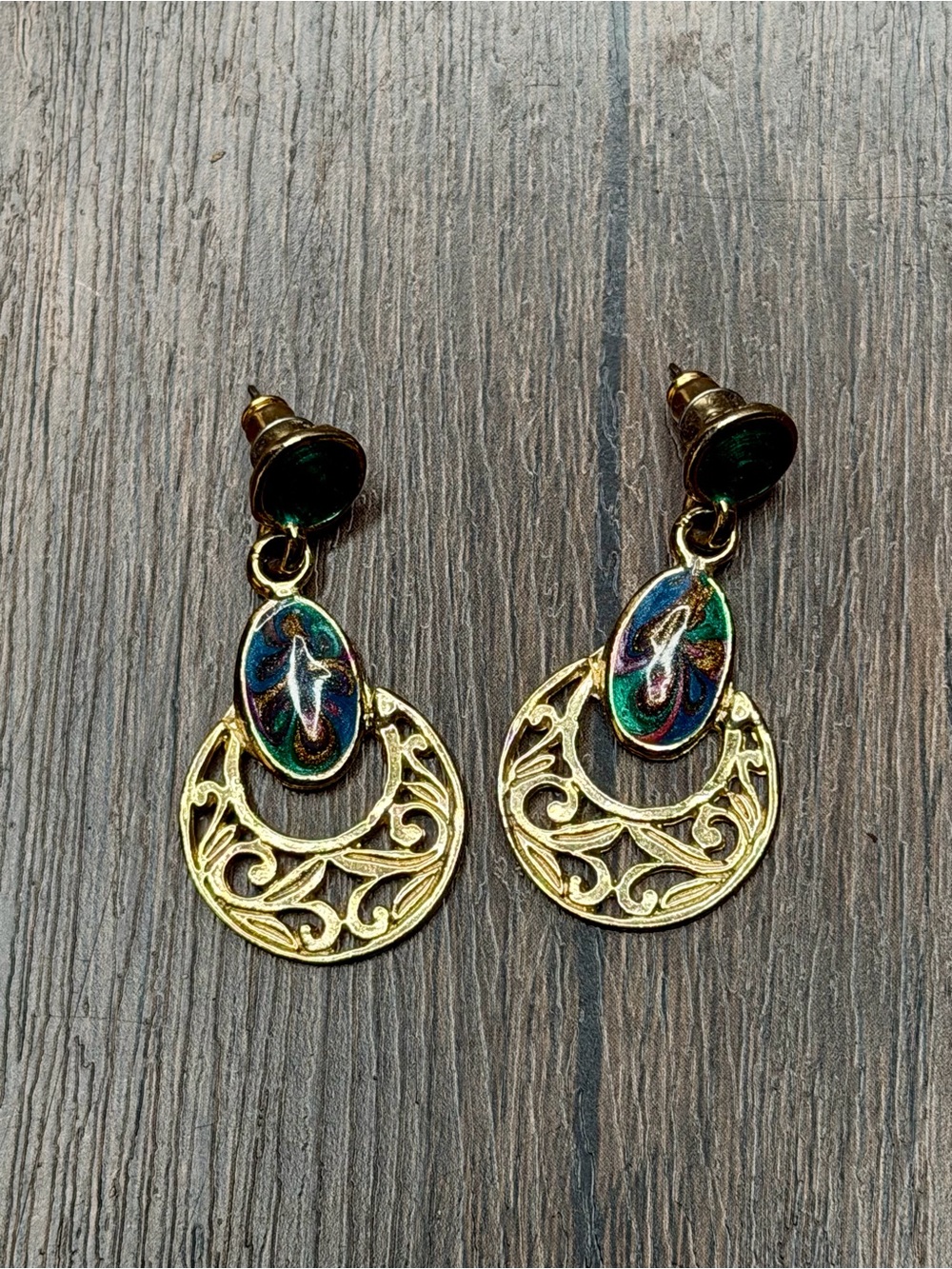 Vintage 1970s Gold Filigree Drop Earrings with Multicolor Enamel Accents